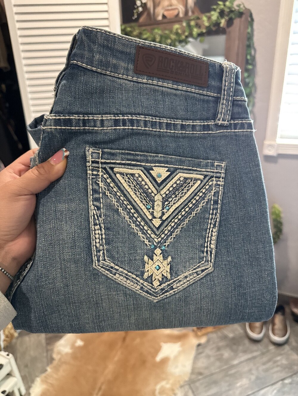 Rock & Roll Denim Jeans with Embroidered Back Pocket - Medium Blue 28x32